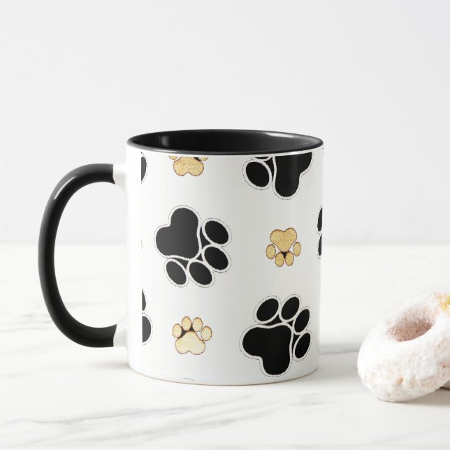 Black and tan canine dog paw print white mug (With Donut)
