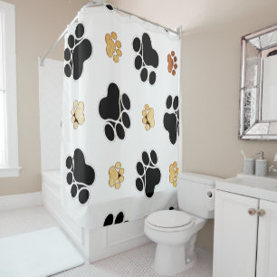 Black and tan canine dog paw print white shower curtain