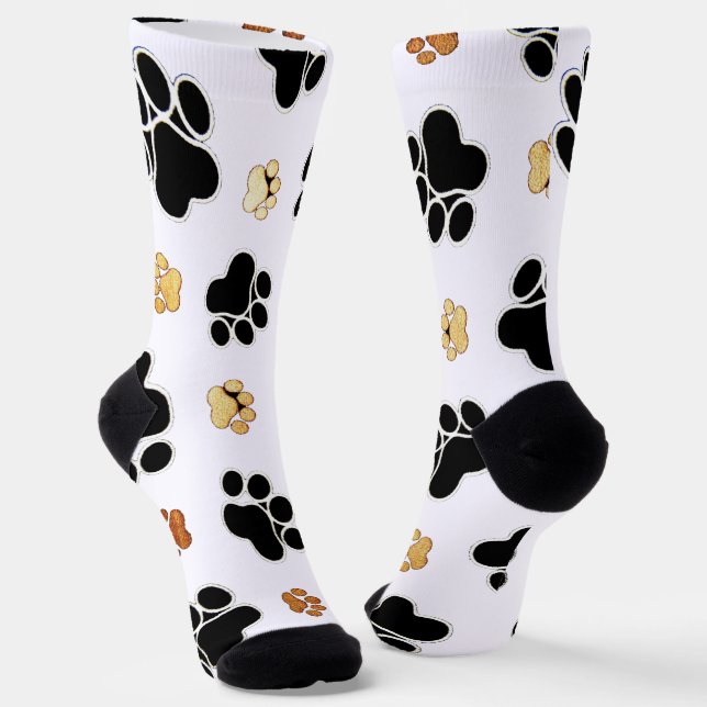 Black and tan canine dog paw print white  socks (Angled)