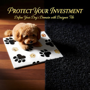 Black and tan canine dog paw print white tile