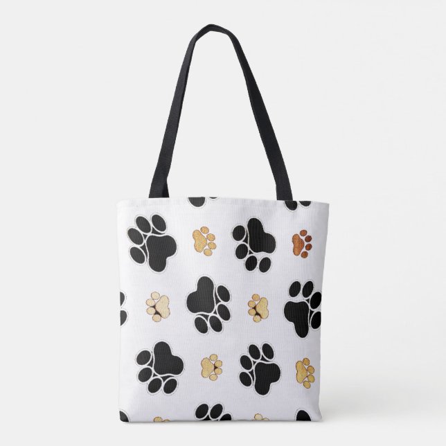 Black and tan canine dog paw print white tote bag (Back)