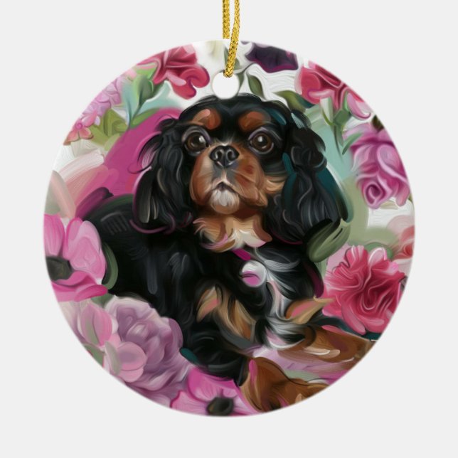 Black and tan Cavalier Christmas Ornament floral (Front)