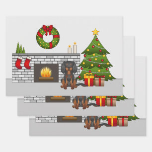 Black And Tan Cavalier In A Festive Christmas Room Wrapping Paper Sheet