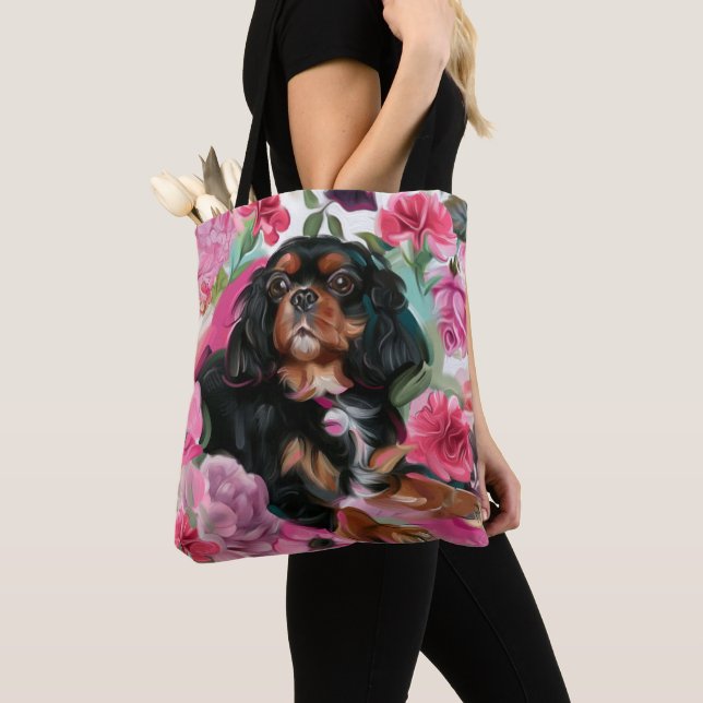 Black and tan Cavalier tote bag | pink floral (Close Up)