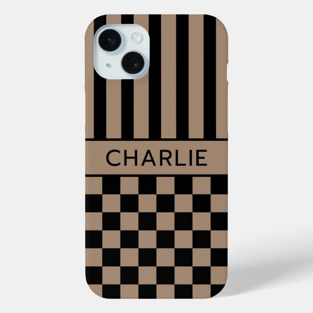 Black and Tan Chequered Striped Personalised Case (Back)