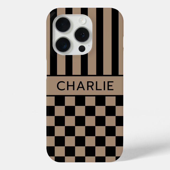 Black and Tan Chequered Striped Personalised Case-Mate iPhone Case (Back)