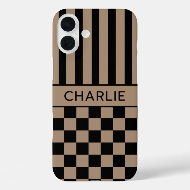 Black and Tan Chequered Striped Personalised Case-Mate iPhone Case (Back)