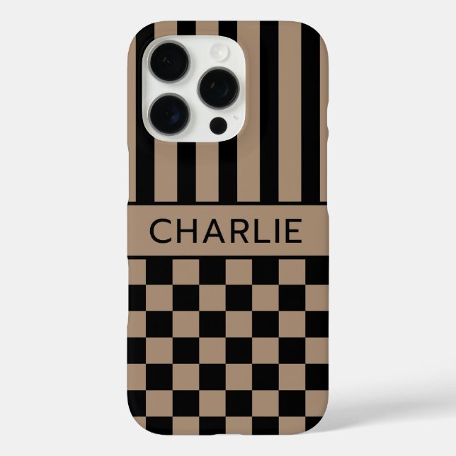 Black and Tan Chequered Striped Personalised Case-Mate iPhone Case (Back)