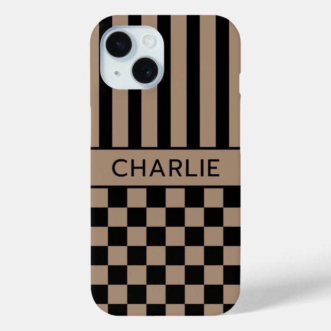 Black and Tan Chequered Striped Personalised Case-Mate iPhone Case (Back)