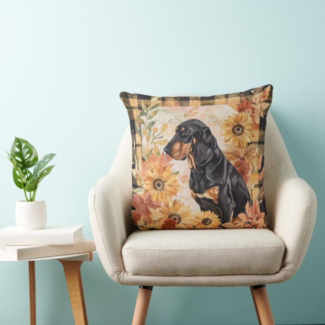 Black and Tan Coonhoun Dog Fall Watercolor Flowers Cushion (Chair)