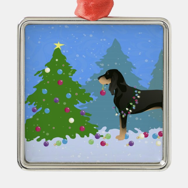 Black and Tan Coonhound Decorating Christmas Tree Metal Tree Decoration (Front)