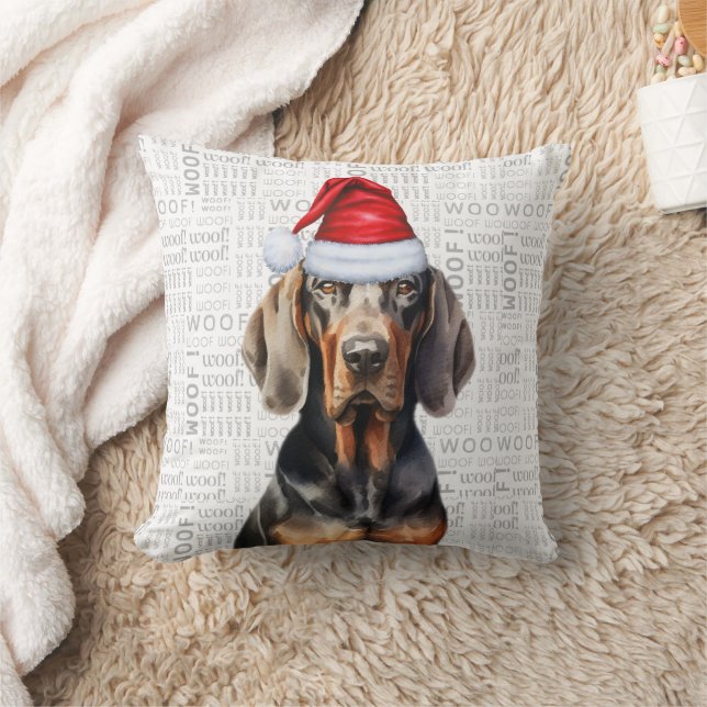 Black and Tan Coonhound Dog Watercolor Christmas Cushion (Blanket)