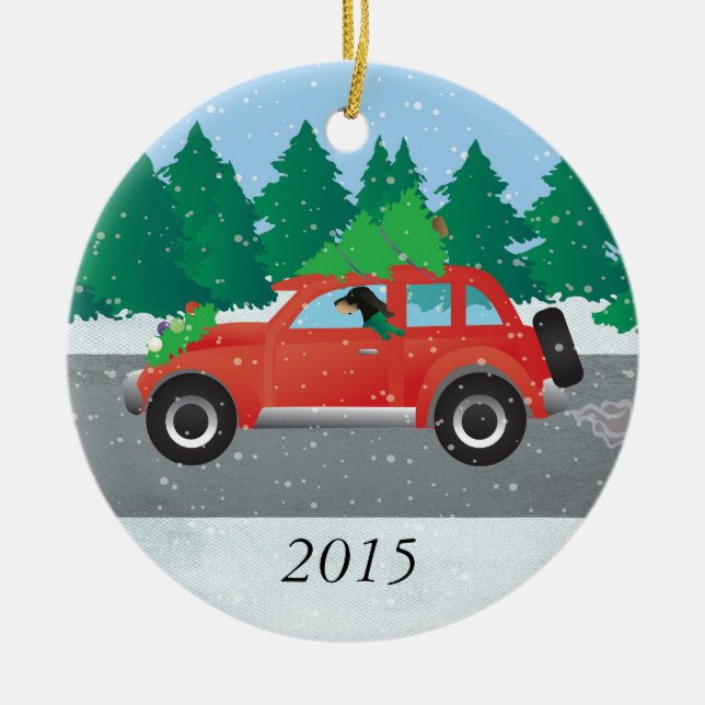 Black and Tan Coonhound Driving Christmas Car Ceramic Tree Decoration (Front)