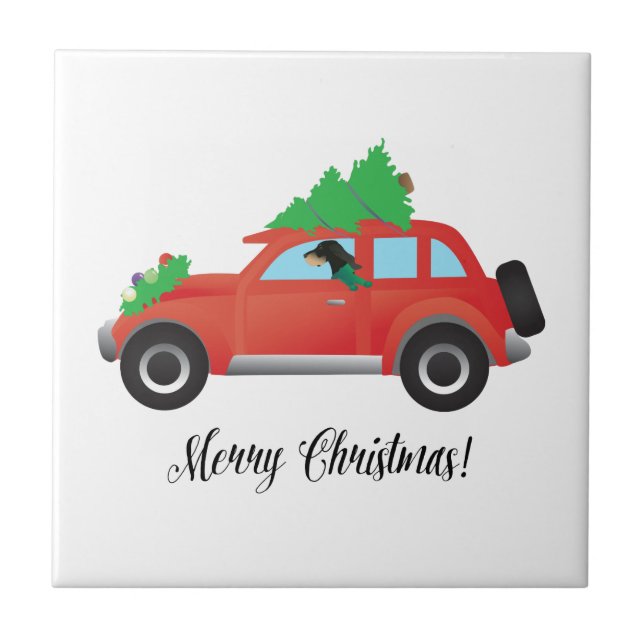 Black and Tan Coonhound Driving Christmas Car Tile (Front)