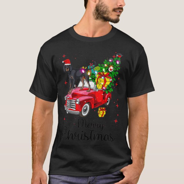 Black And Tan Coonhound Rides Red Truck Christmas  T-Shirt (Front)