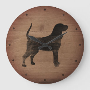 Black and Tan Coonhound Silhouette Rustic Style Large Clock