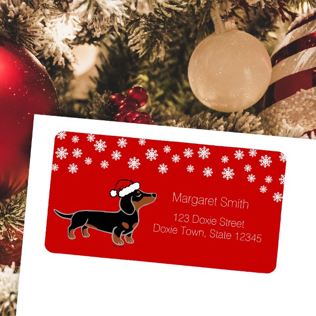 Black and Tan Dachshund Christmas Posing  Label (Black and Tan Smooth Haired Haired Dachshund posing Christmas Return Address Labels for Dachshund )