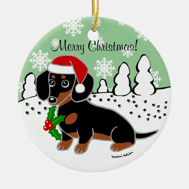Black and Tan Dachshund Cute Eyes Santa Ceramic Tree Decoration (Front)