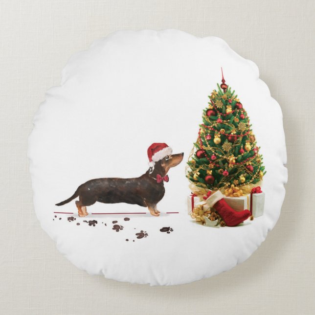 Black and Tan Dachshund Funny Christmas Dog Round Cushion (Front)