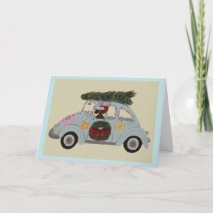 Black and Tan Dachshund in Hippie Car at Christmas Card