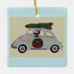 Black and Tan Dachshund in Hippie Car at Christmas Ceramic Ornament