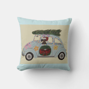Black and Tan Dachshund in Hippie Car at Christmas Cushion