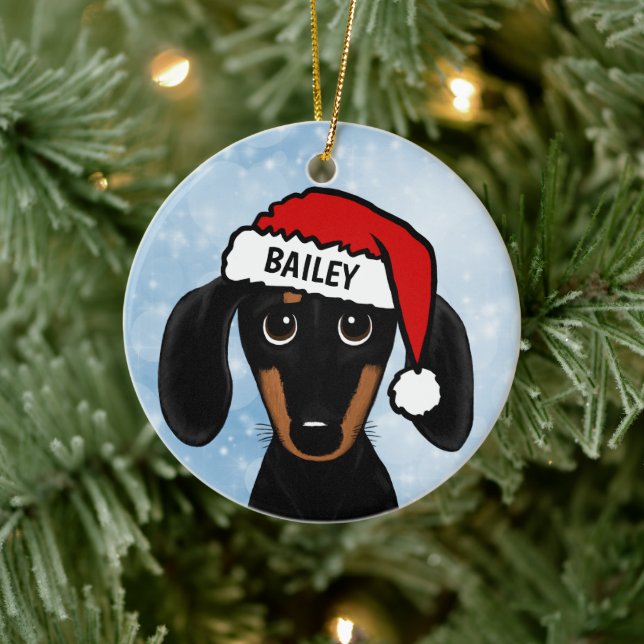 Black and Tan Dachshund Santa Dog Custom Name Ceramic Tree Decoration (Tree)