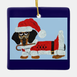 Black and Tan Dachshund Santa with a Candy Cane  Ceramic Ornament