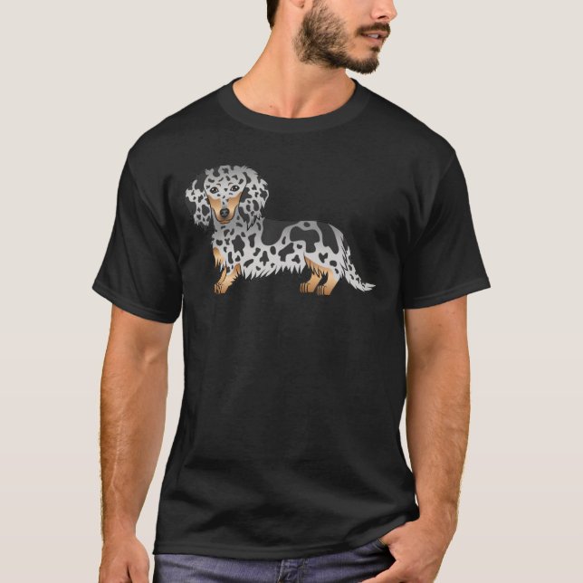 Black And Tan Dapple Cute Long Hair Dachshund Dog T-Shirt (Front)