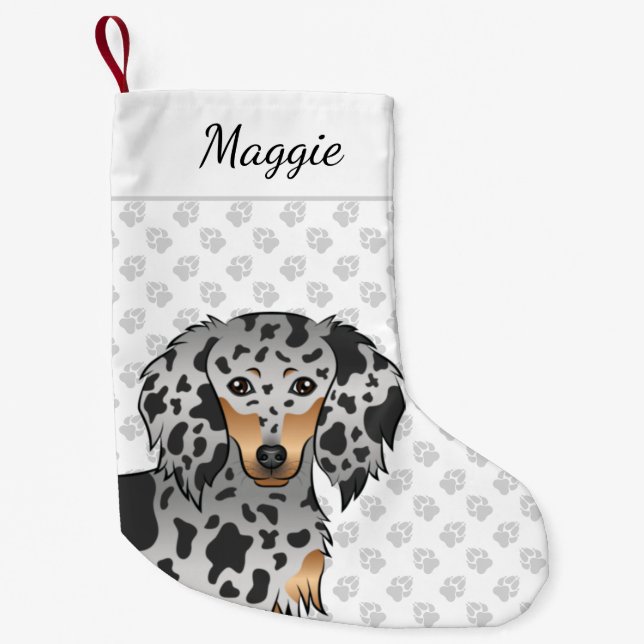 Black And Tan Dapple Long Hair Dachshund Head Small Christmas Stocking (Front)