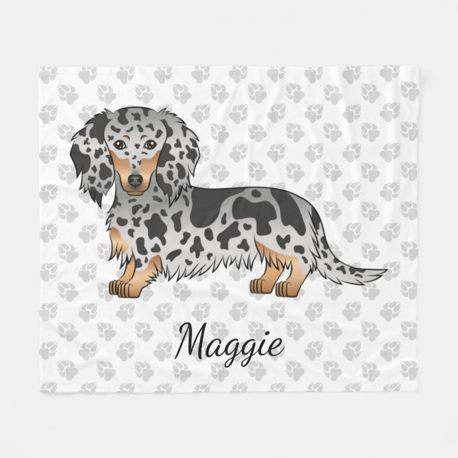 Black And Tan Dapple Long Hair Dachshund & Name Fleece Blanket (Front (Horizontal))