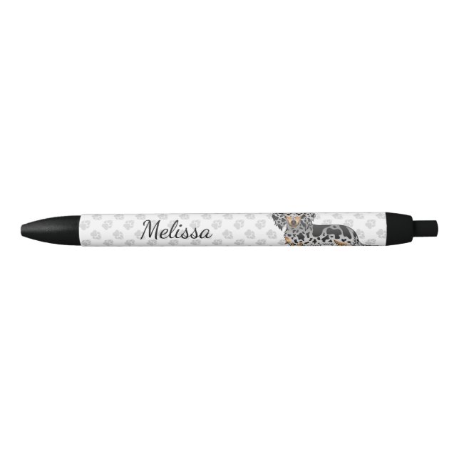 Black And Tan Dapple Long Hair Dachshund & Name Ink Pen (Front)