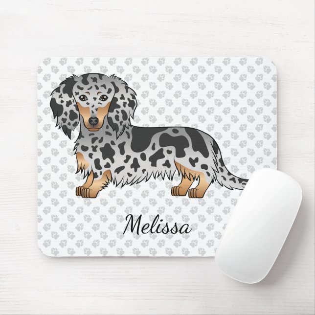 Black And Tan Dapple Long Hair Dachshund & Name Mouse Mat (With Mouse)