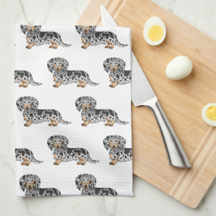 Black And Tan Dapple Long Hair Dachshund Pattern Tea Towel