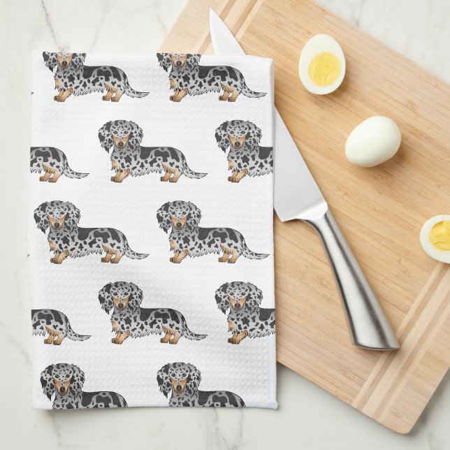 Black And Tan Dapple Long Hair Dachshund Pattern Tea Towel (Quarter Fold)