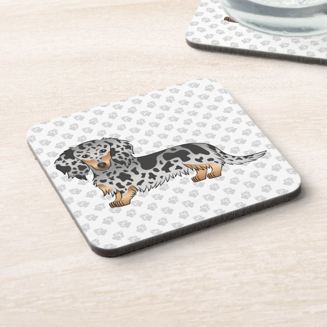 Black And Tan Dapple Long Hair Dachshund & Paws Coaster (Left Side)