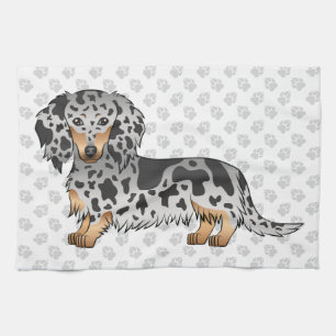 Black And Tan Dapple Long Hair Dachshund & Paws Tea Towel