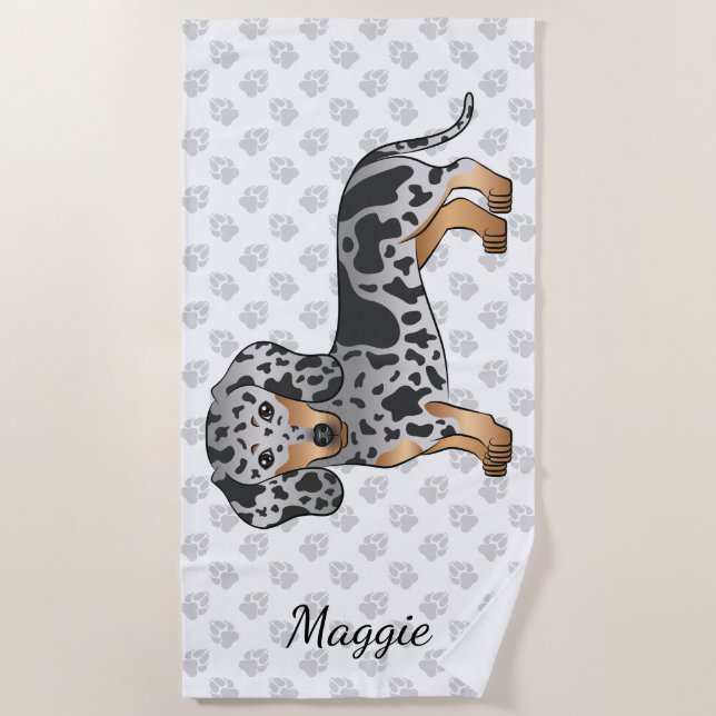 Black And Tan Dapple Short Hair Dachshund & Name Beach Towel (Front)