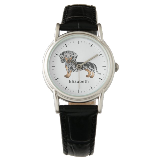 Black And Tan Dapple Short Hair Dachshund & Name Watch (Front)