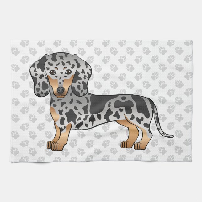 Black And Tan Dapple Short Hair Dachshund & Paws Tea Towel (Horizontal)