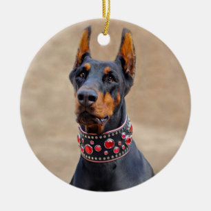 Black and Tan Doberman Pinscher in Jewelled collar Ceramic Tree Decoration