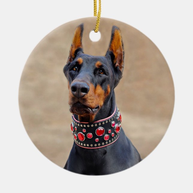 Black and Tan Doberman Pinscher in Jewelled collar Ceramic Tree Decoration (Front)