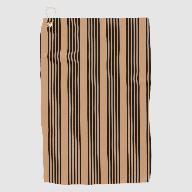 Black and tan five stripe pattern golf towel (Front)