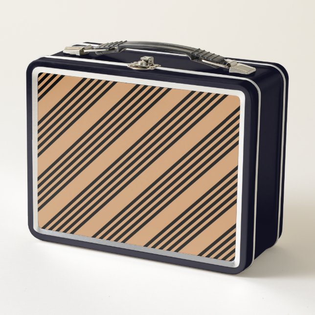 Black and tan five stripe pattern metal lunch box (Front)
