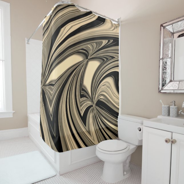 Black and Tan Floe Pattern Shower Curtain (In Situ)
