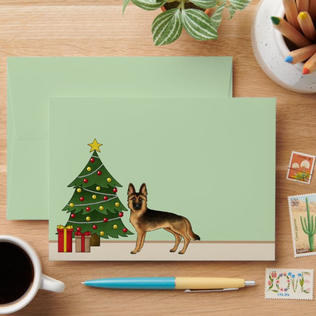 Black And Tan German Shepherd And A Christmas Tree Envelope (Desk)