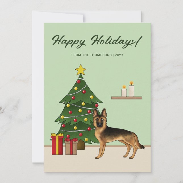 Black And Tan German Shepherd And A Christmas Tree Holiday Card (Front)
