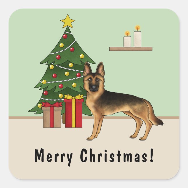 Black And Tan German Shepherd And A Christmas Tree Square Sticker (Front)