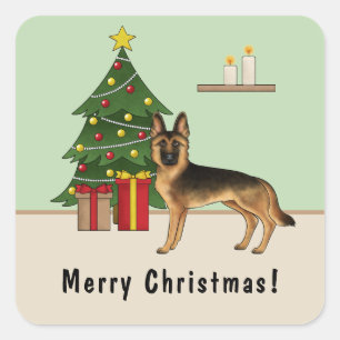 Black And Tan German Shepherd And A Christmas Tree Square Sticker