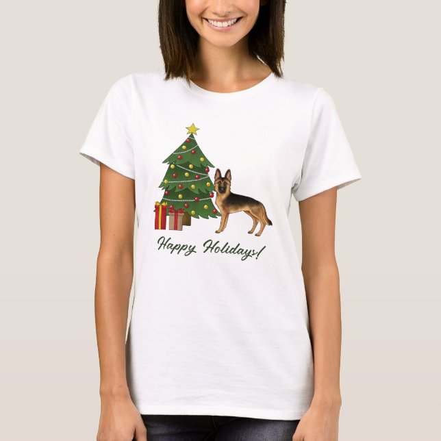 Black And Tan German Shepherd And A Christmas Tree T-Shirt (Front)